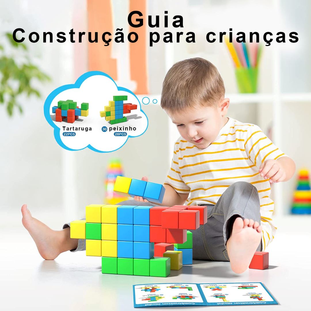 Blocos de Construção Magnéticos Montessori - Brinquedo Educativo Infantil Construção004 Brincar Mundo Azul 