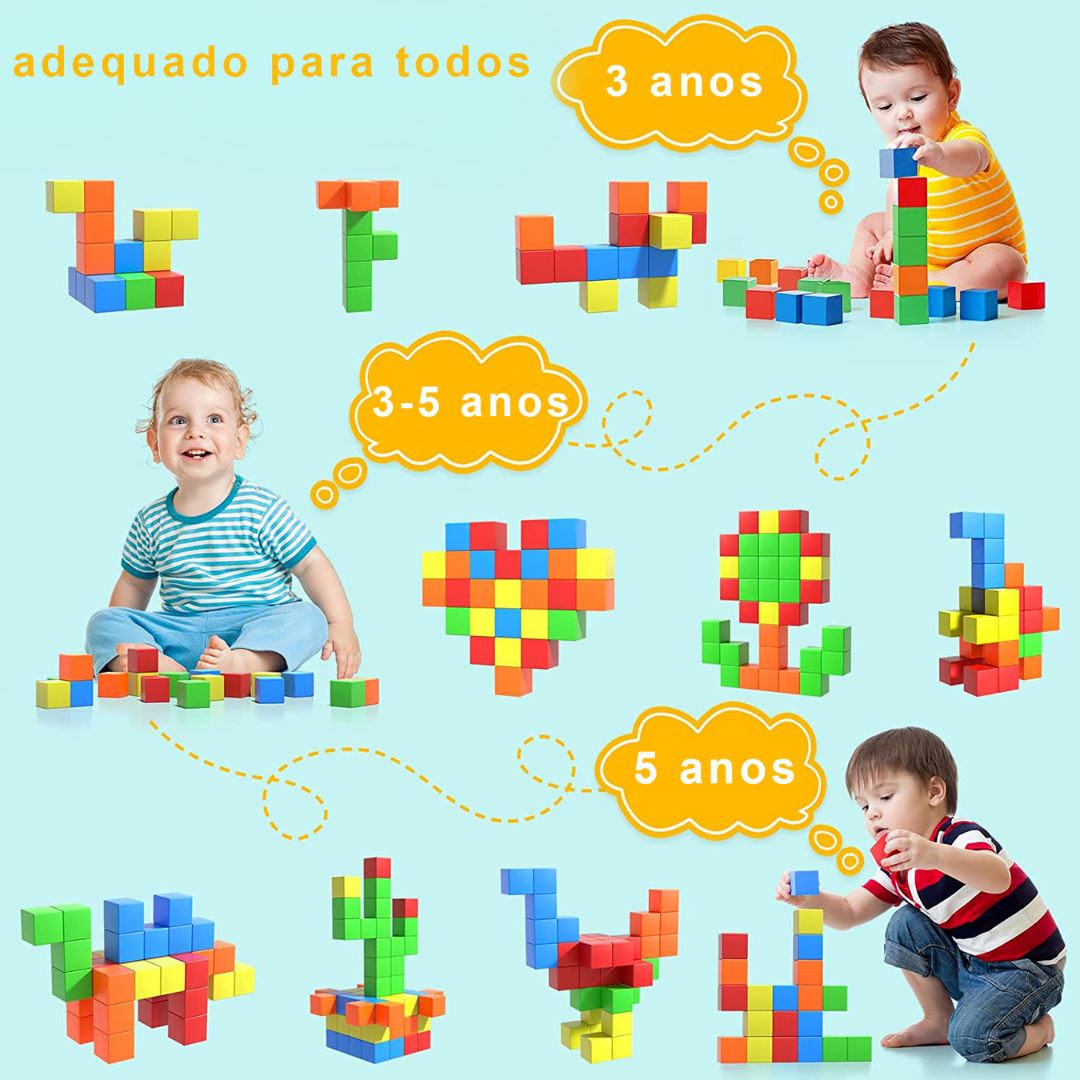 Blocos de Construção Magnéticos Montessori - Brinquedo Educativo Infantil Construção004 Brincar Mundo Azul 