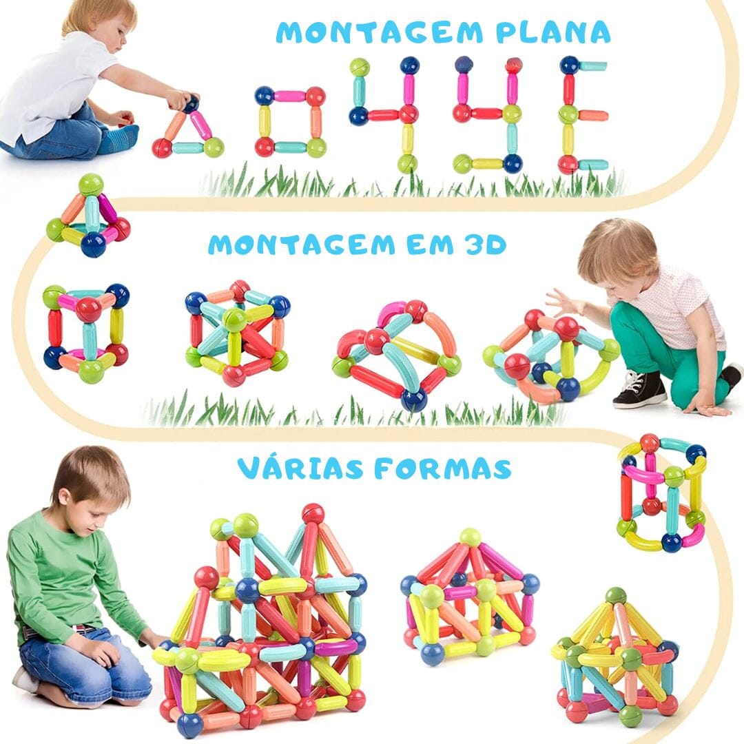 Blocos de Construção Magnéticos Montessori para Crianças 128 Peças Construção011 Brincar Mundo Azul 