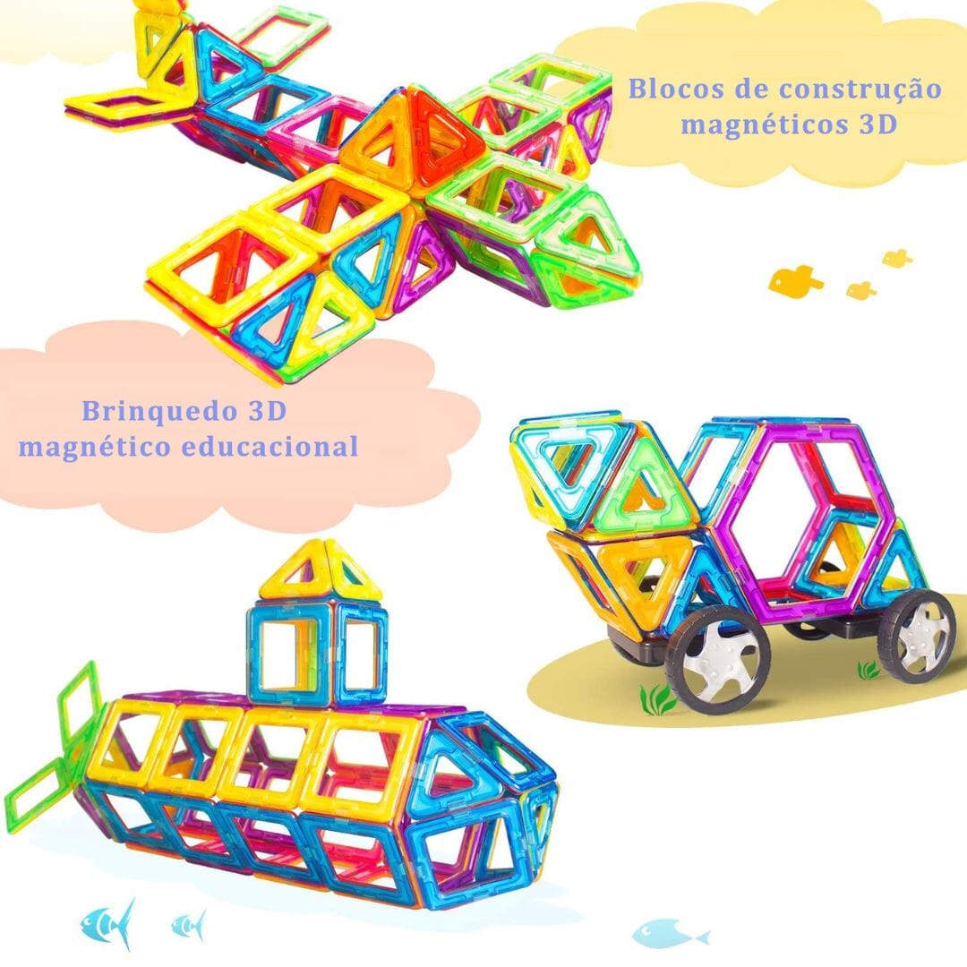 Blocos Magnéticos Montessori 120 Peças - Brinquedo Educativo Construção014 Brincar Mundo Azul 