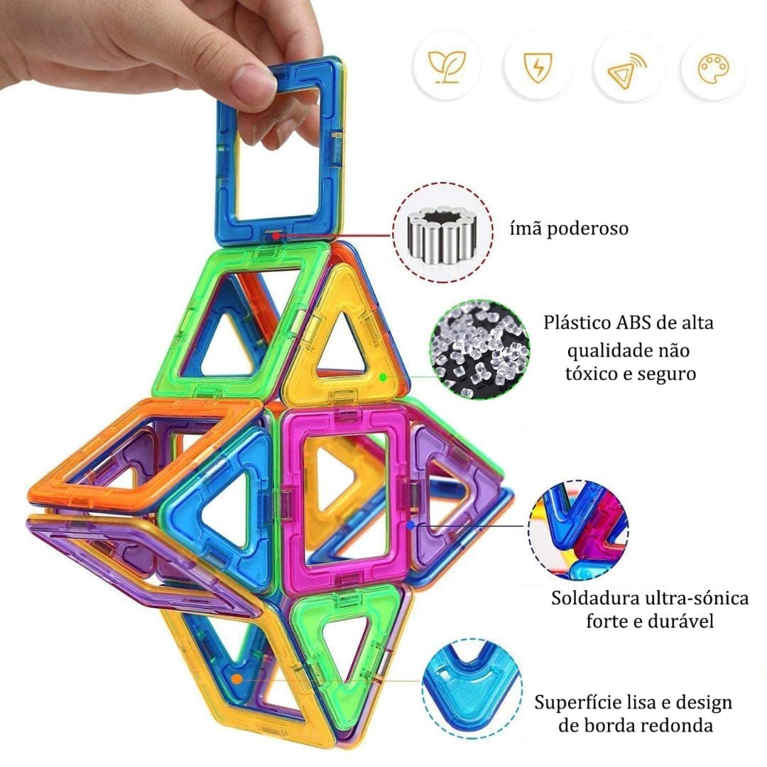 Blocos Magnéticos Montessori 120 Peças - Brinquedo Educativo Construção014 Brincar Mundo Azul 