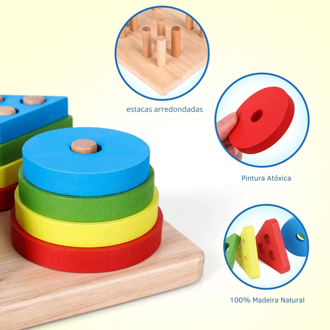 Brinquedo Montessori de Triagem e Empilhamento para Educação de Cores e Formas Montessori006 Brincar Mundo Azul 