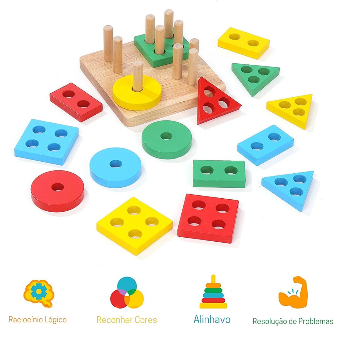 Brinquedo Montessori de Triagem e Empilhamento para Educação de Cores e Formas Montessori006 Brincar Mundo Azul 