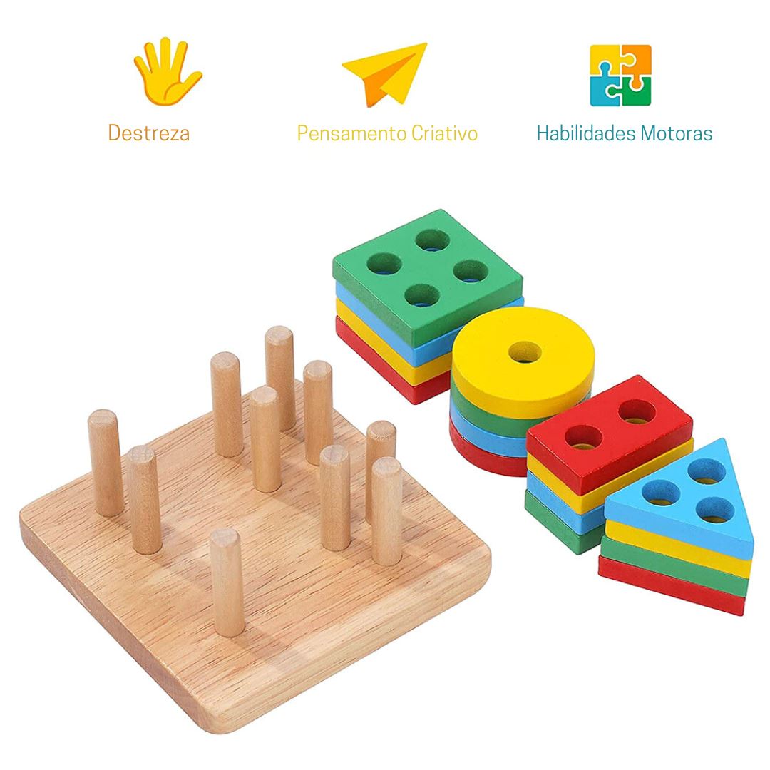 Brinquedo Montessori de Triagem e Empilhamento para Educação de Cores e Formas Montessori006 Brincar Mundo Azul 