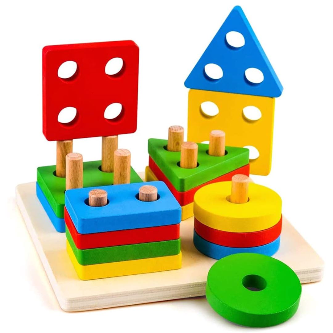 Brinquedo Montessori de Triagem e Empilhamento para Educação de Cores e Formas Montessori006 Brincar Mundo Azul 