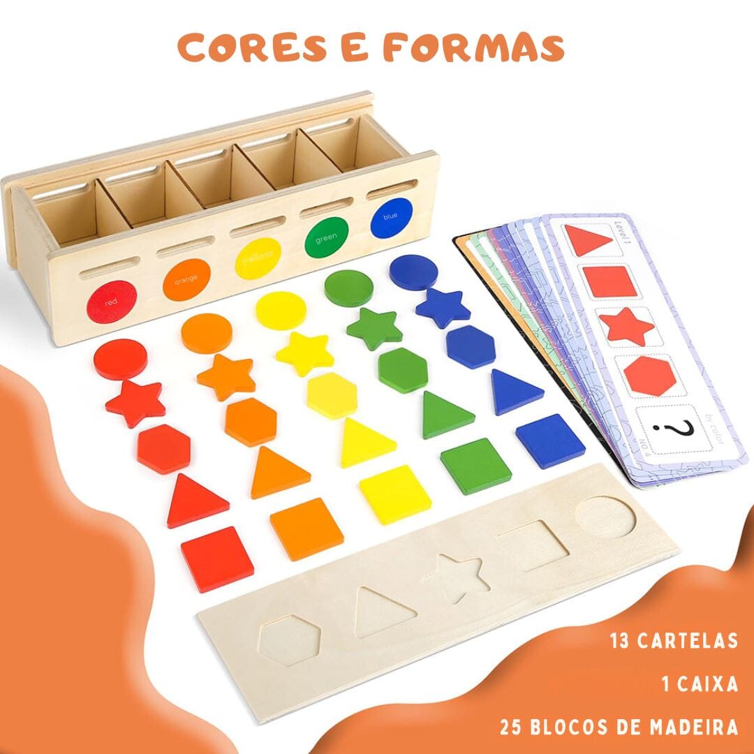 Caixa Montessori Infantil com Formas e Cores de Madeira Quebra-Cabeças016 Brincar Mundo Azul 