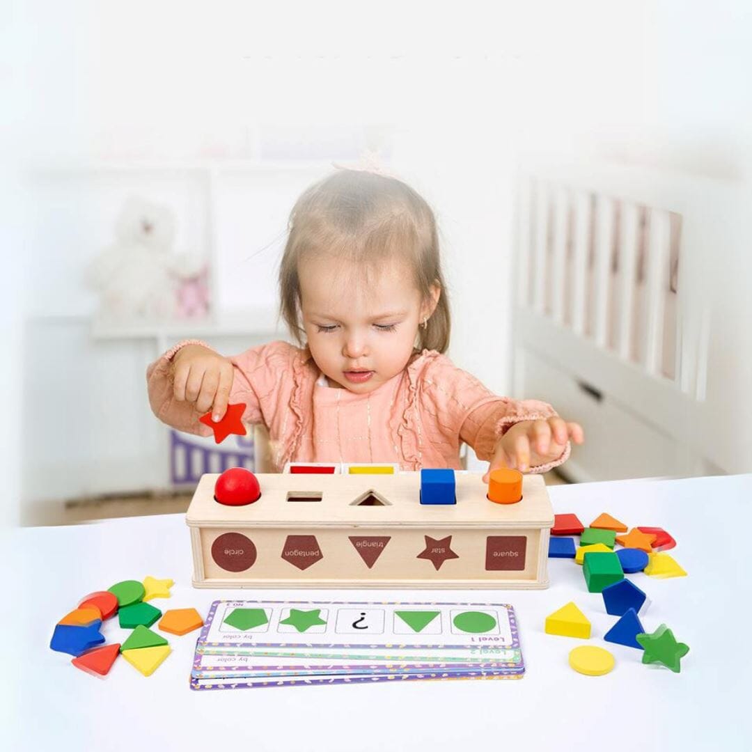 Caixa Montessori Infantil com Formas e Cores de Madeira Quebra-Cabeças016 Brincar Mundo Azul 