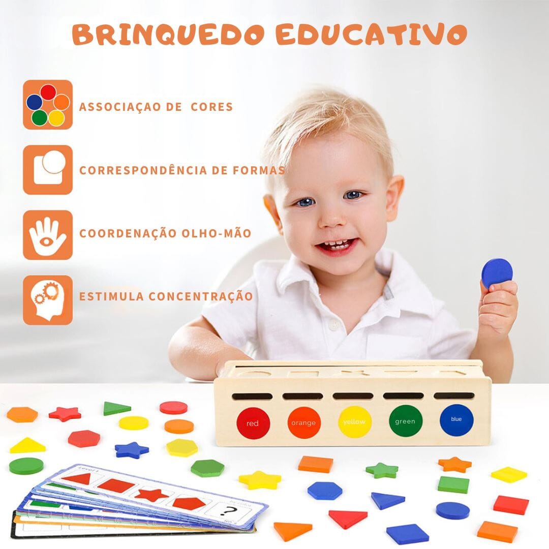 Caixa Montessori Infantil com Formas e Cores de Madeira Quebra-Cabeças016 Brincar Mundo Azul 