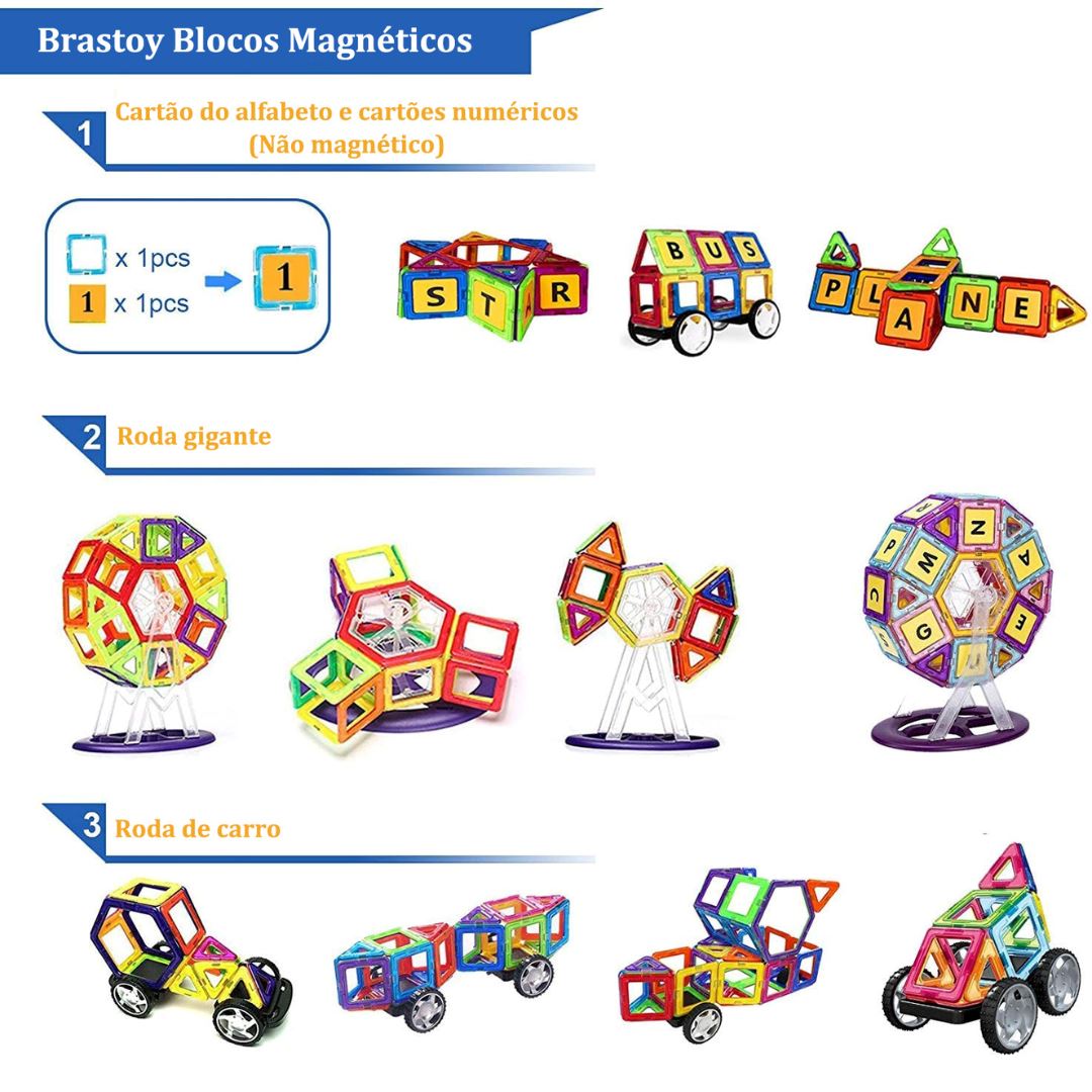 Conjunto de Blocos Magnéticos Montessori 120 Peças - Brinquedos Educativos para Crianças Construção005 Brincar Mundo Azul 