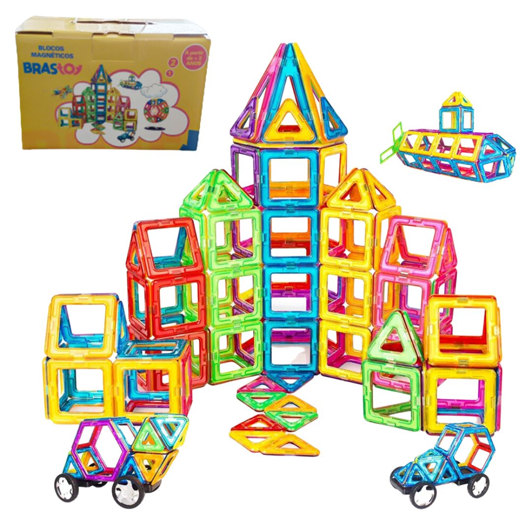 Conjunto de Blocos Magnéticos Montessori 120 Peças - Brinquedos Educativos para Crianças Construção005 Brincar Mundo Azul 