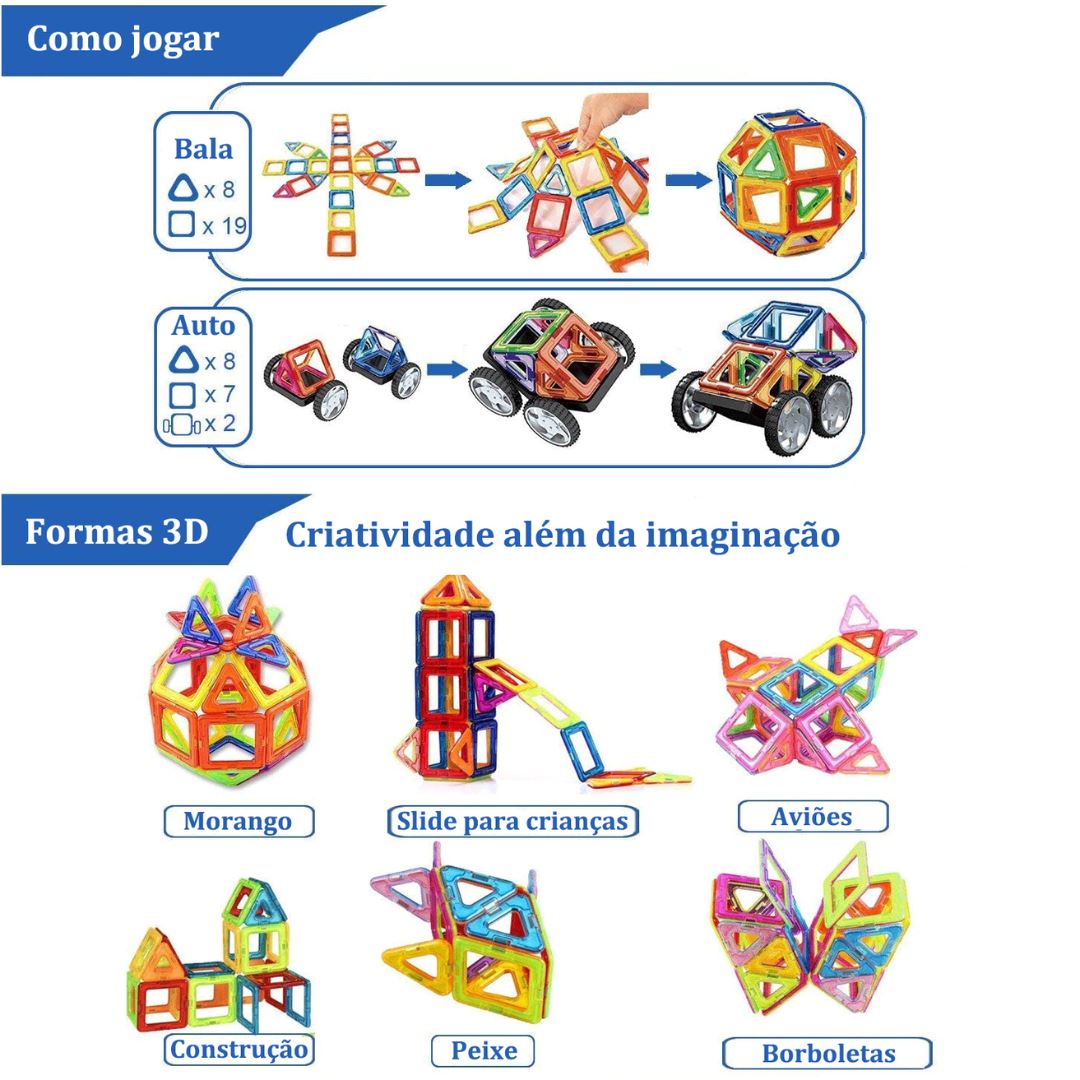 Conjunto de Blocos Magnéticos Montessori 120 Peças - Brinquedos Educativos para Crianças Construção005 Brincar Mundo Azul 