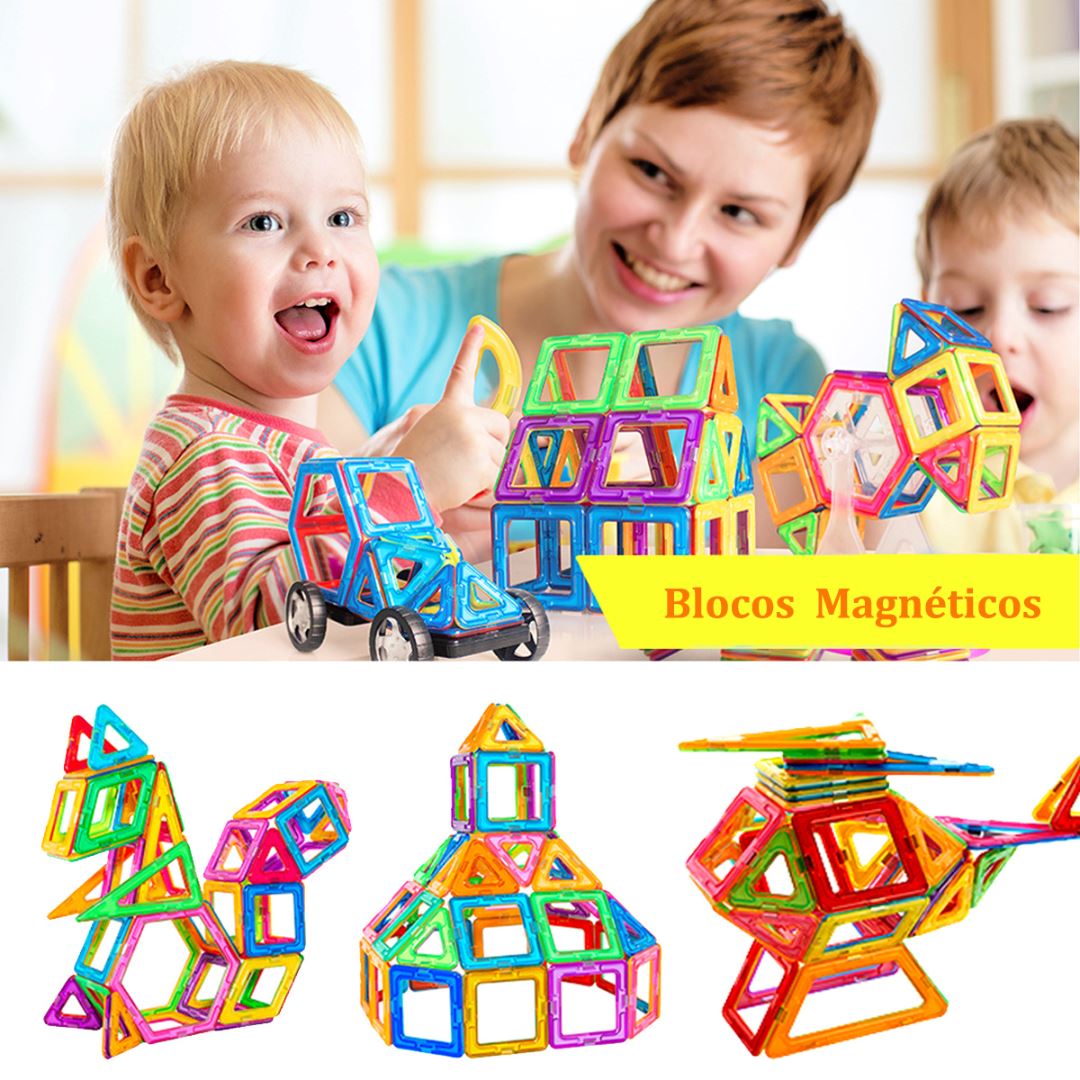 Conjunto de Blocos Magnéticos Montessori 120 Peças - Brinquedos Educativos para Crianças Construção005 Brincar Mundo Azul 