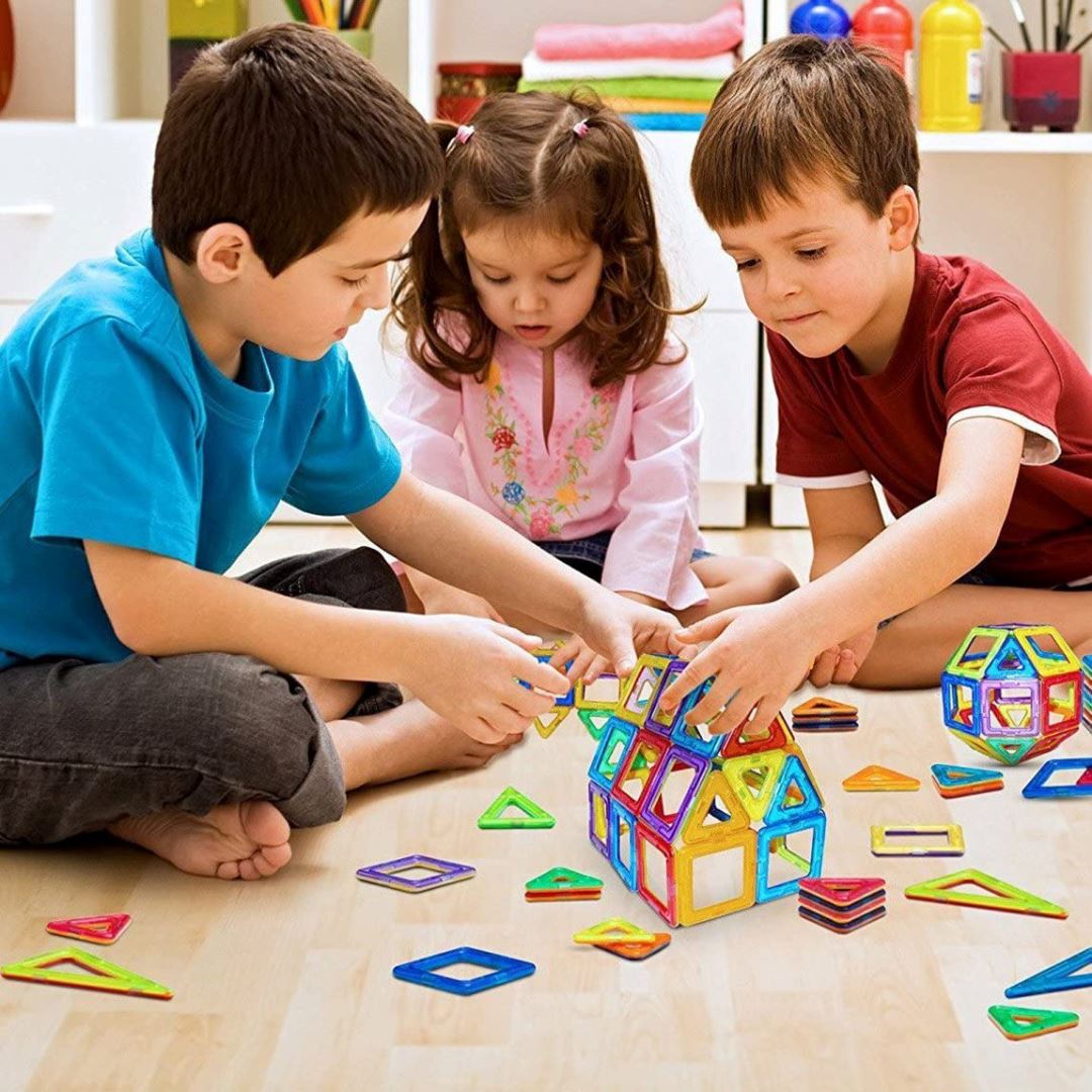 Conjunto de Blocos Magnéticos Montessori 120 Peças - Brinquedos Educativos para Crianças Construção005 Brincar Mundo Azul 