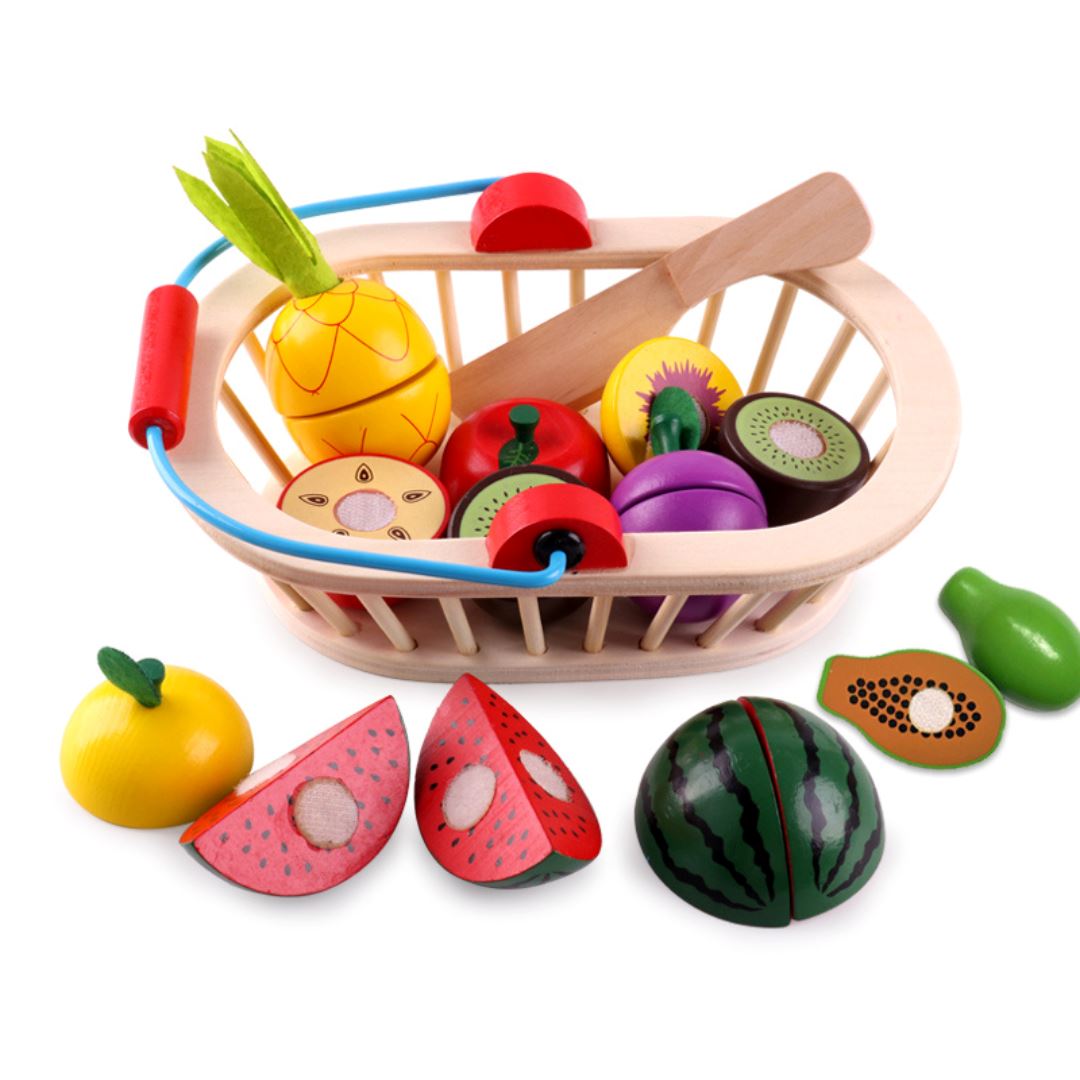 Conjunto Educativo de Corte de Frutas e Legumes de Madeira - Brinquedo Habilidades Motoras003 Brincar Mundo Azul 