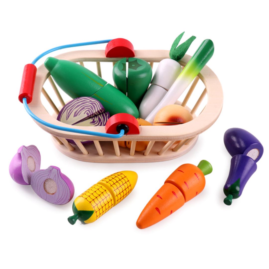 Conjunto Educativo de Corte de Frutas e Legumes de Madeira - Brinquedo Habilidades Motoras003 Brincar Mundo Azul 