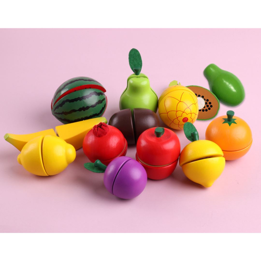 Conjunto Educativo de Corte de Frutas e Legumes de Madeira - Brinquedo Habilidades Motoras003 Brincar Mundo Azul 