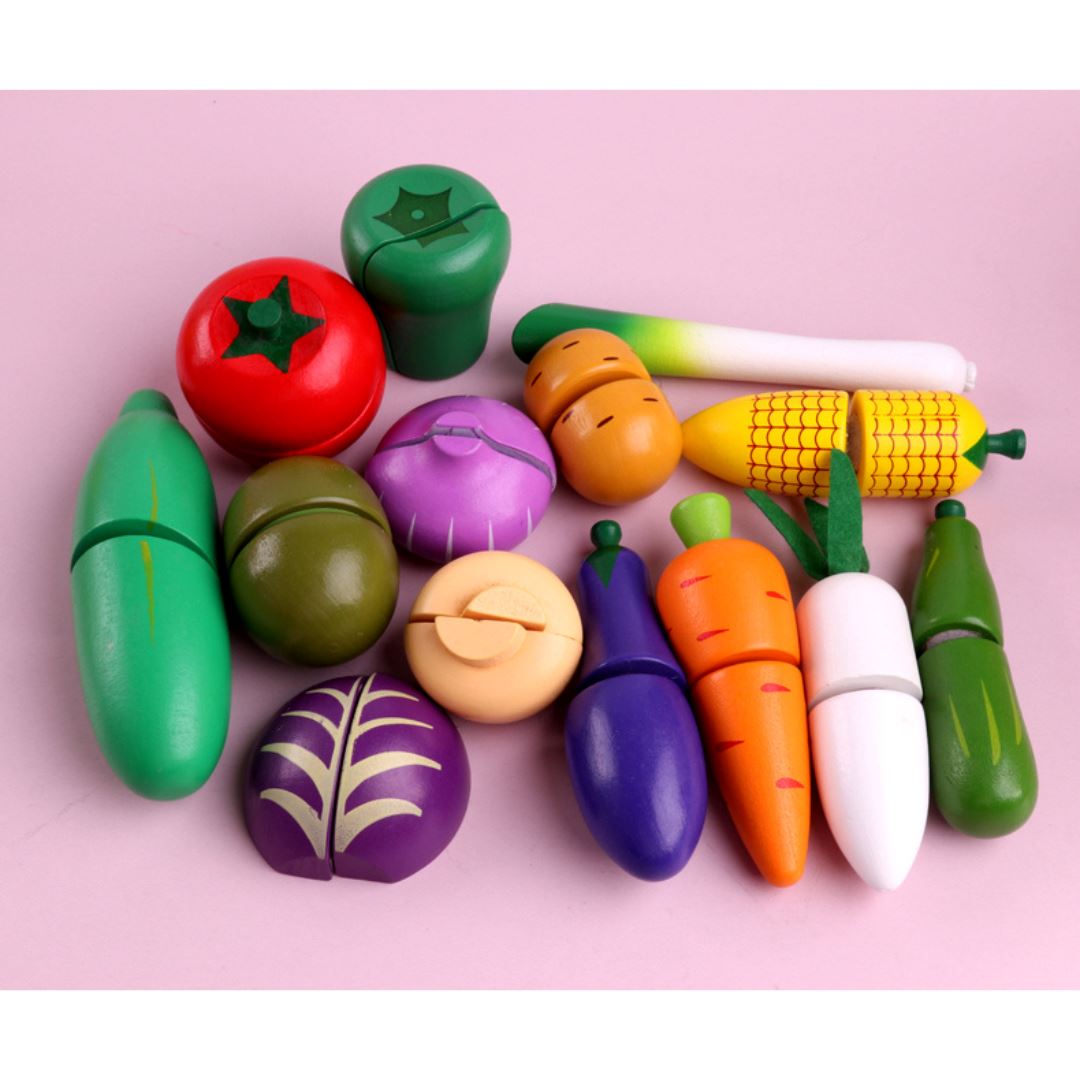 Conjunto Educativo de Corte de Frutas e Legumes de Madeira - Brinquedo Habilidades Motoras003 Brincar Mundo Azul 