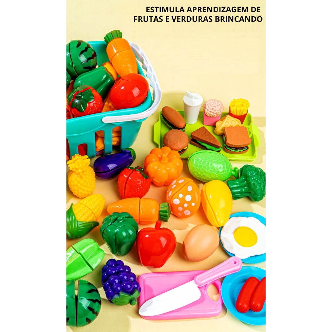 Conjunto Infantil de Corte de Frutas e Vegetais para Brincar na Cozinha Habilidades Motoras002 Brincar Mundo Azul 