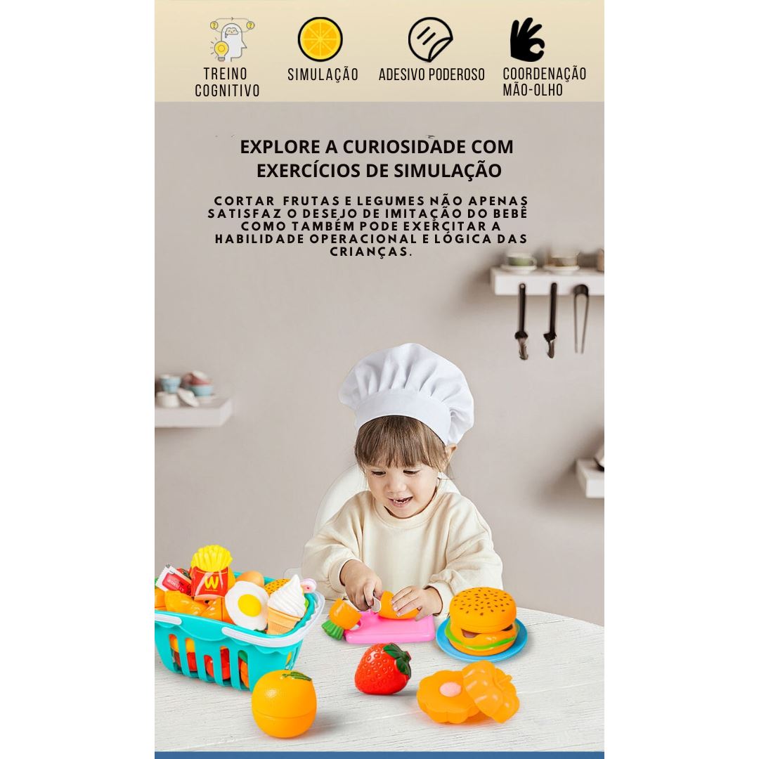 Conjunto Infantil de Corte de Frutas e Vegetais para Brincar na Cozinha Habilidades Motoras002 Brincar Mundo Azul 