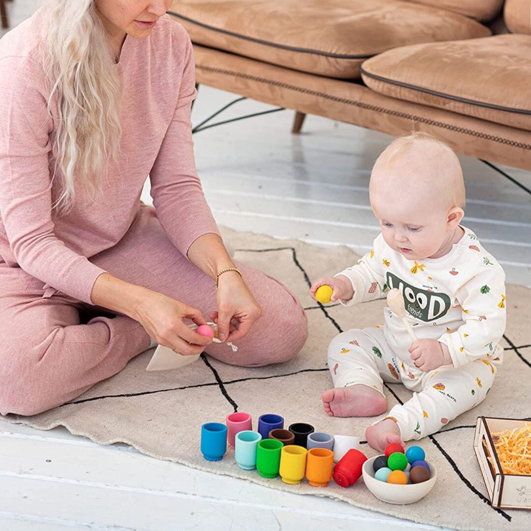 Conjunto Montessori de Cubos e Bolas de Madeira Construção015 Brincar Mundo Azul 