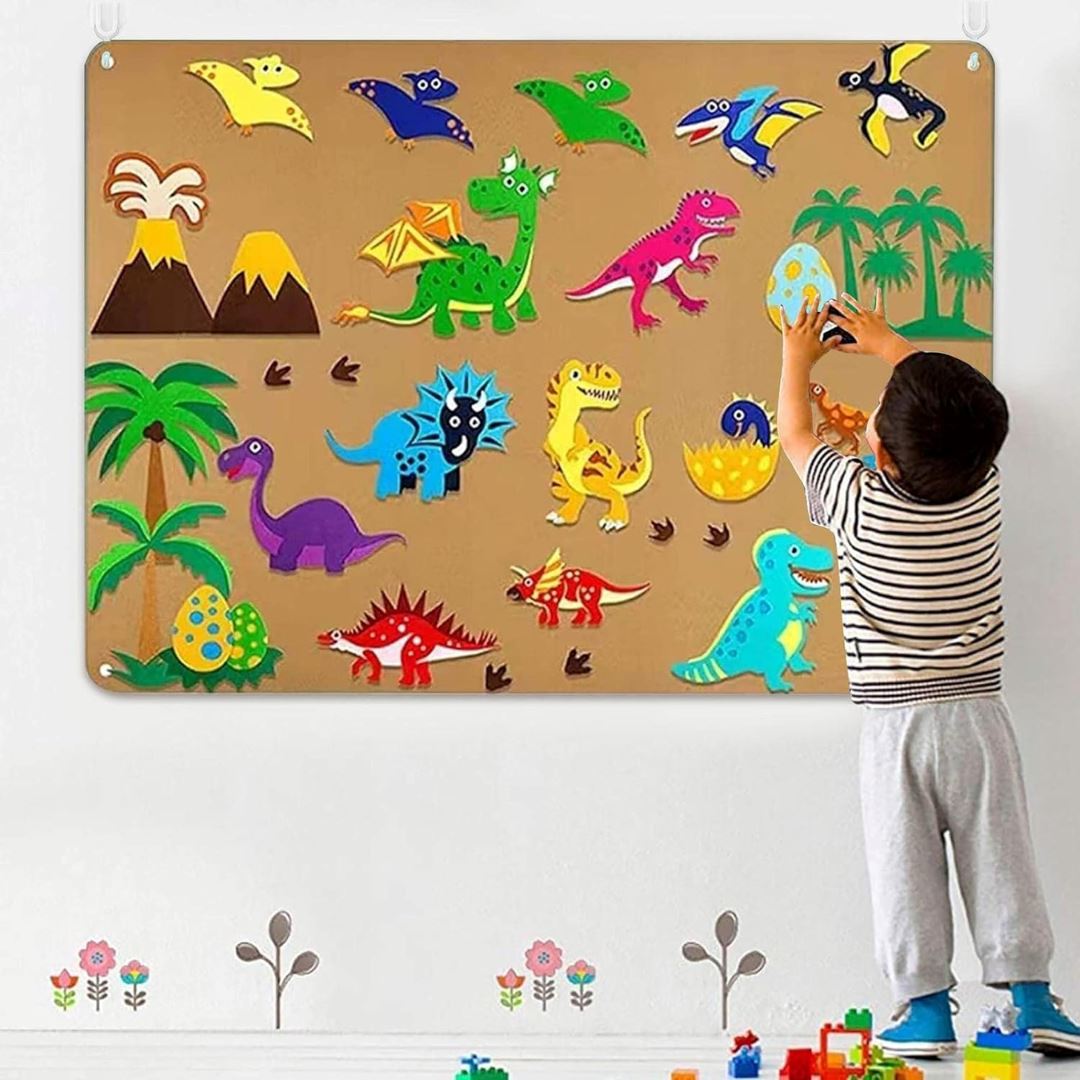 Painel de Feltro Montessori para Crianças - Dinossauro Quebra-Cabeças013 Brincar Mundo Azul 