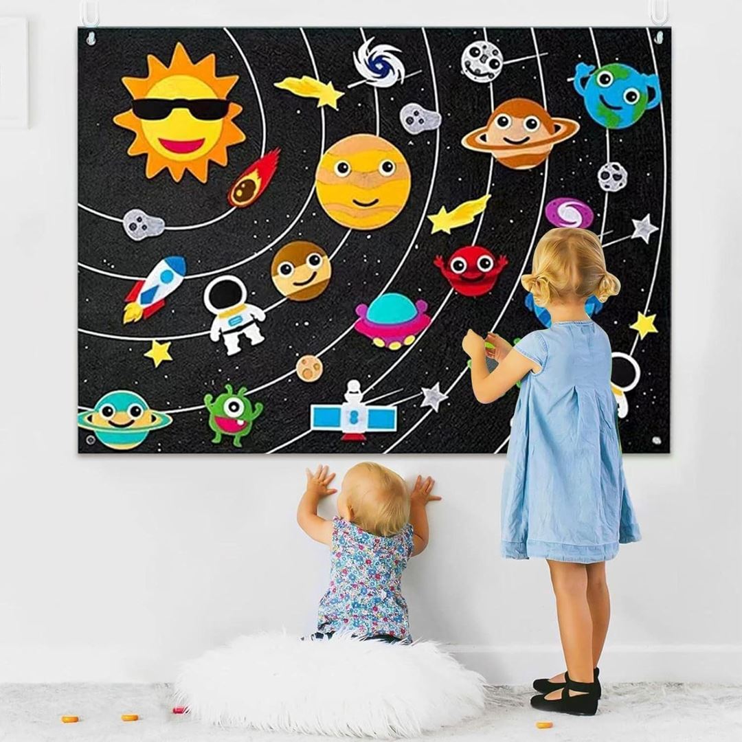 Painel de Feltro Montessori para Crianças - Galaxia Quebra-Cabeças04 Brincar Mundo Azul 