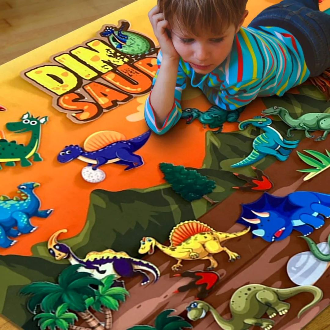 Painel de Feltro Montessori para Crianças - Parque dos Dinossauros Quebra-Cabeças013 Brincar Mundo Azul 