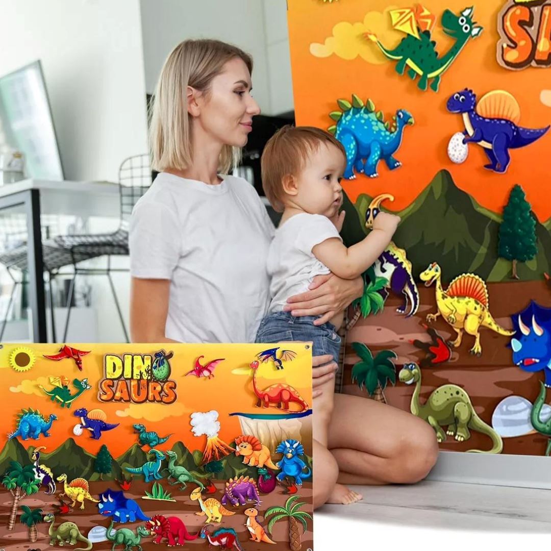 Painel de Feltro Montessori para Crianças - Parque dos Dinossauros Quebra-Cabeças013 Brincar Mundo Azul 