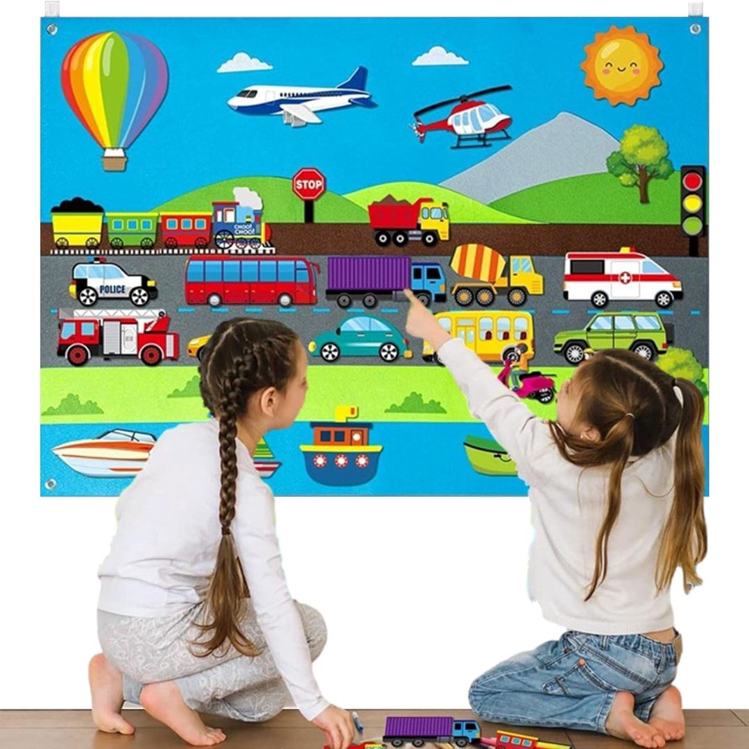 Painel de Feltro Montessori para Crianças - Transporte Quebra-Cabeças015 Brincar Mundo Azul 