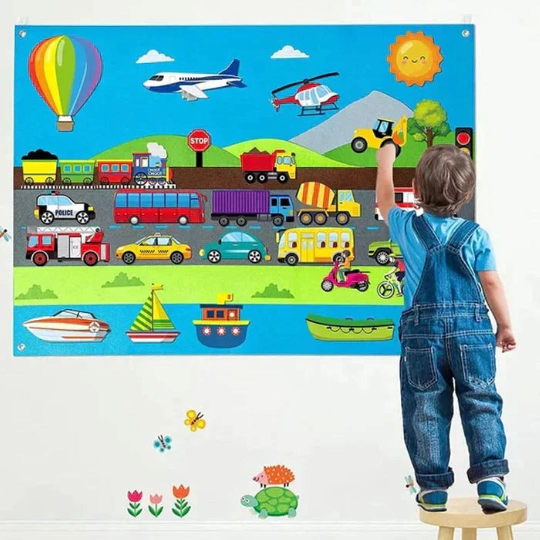 Painel de Feltro Montessori para Crianças - Transporte Quebra-Cabeças015 Brincar Mundo Azul 