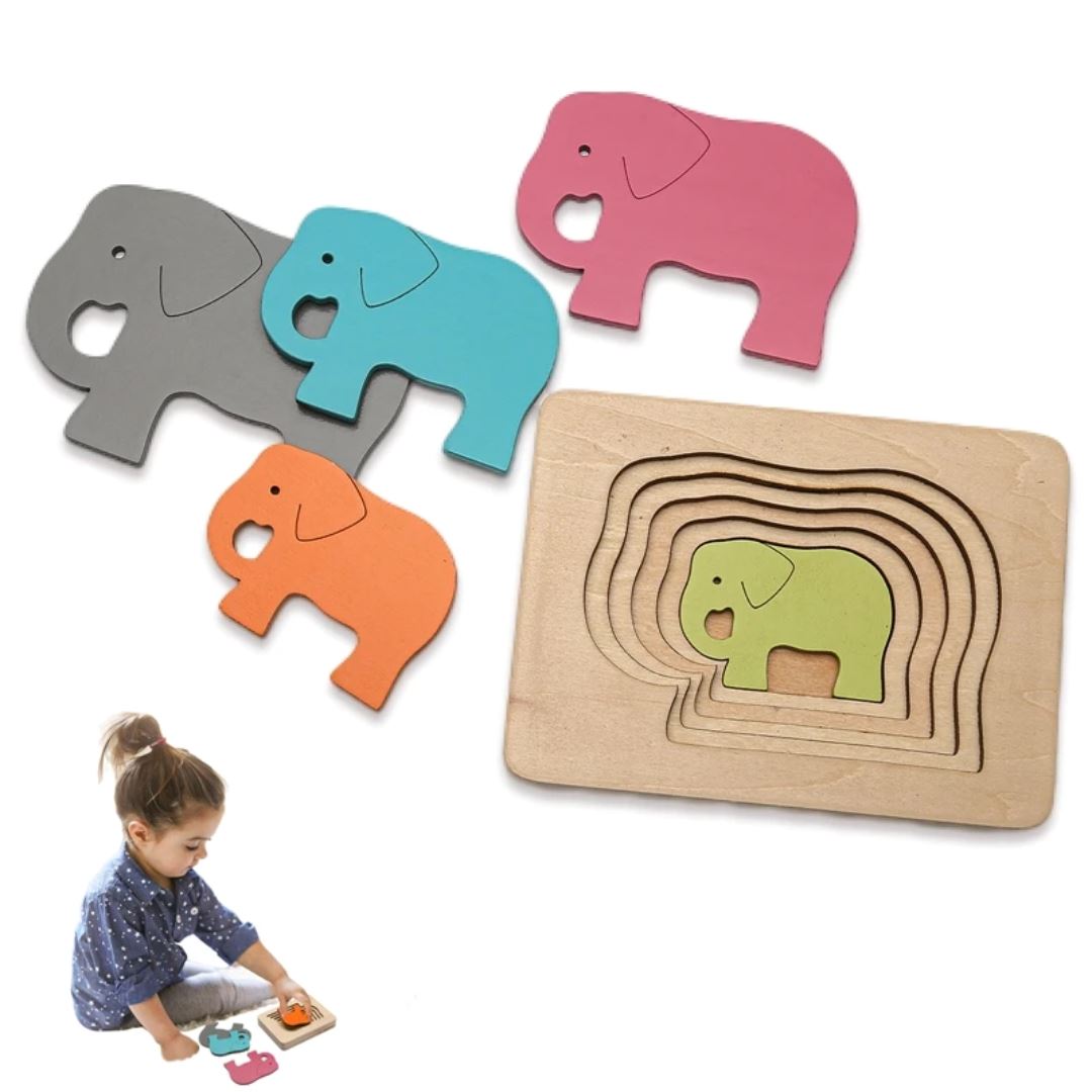 Quebra-Cabeça Montessori 3D de Madeira - Elefante Quebra-Cabeças019 Brincar Mundo Azul 