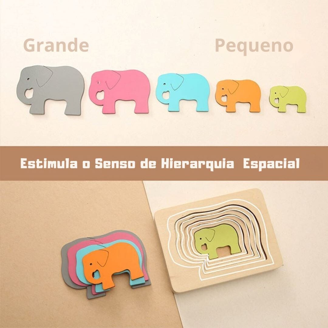 Quebra-Cabeça Montessori 3D de Madeira - Elefante Quebra-Cabeças019 Brincar Mundo Azul 