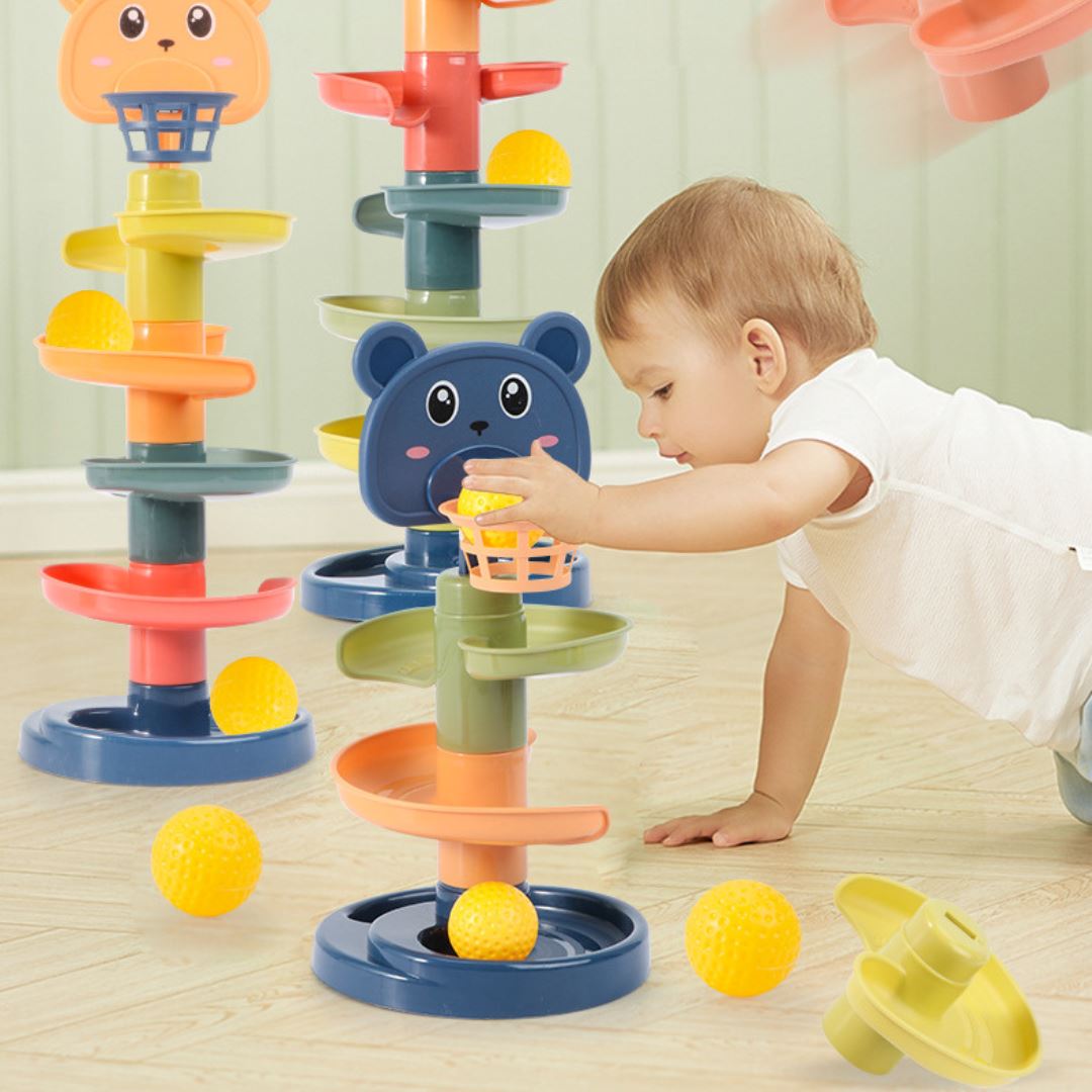 Torre de Bolinhas Giratórias Empilháveis para Bebês - Brinquedo Educativo Precoce Montessori002 Brincar Mundo Azul 