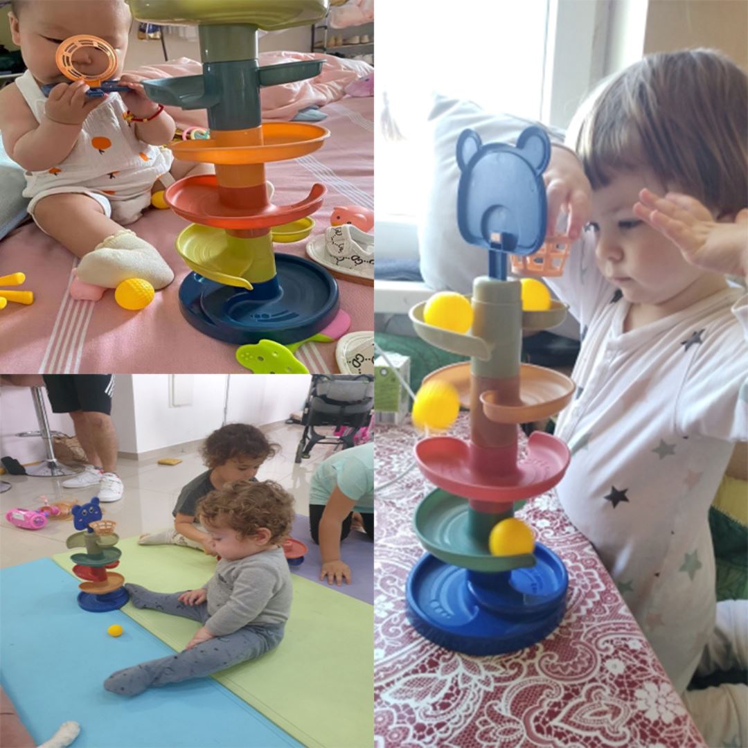 Torre de Bolinhas Giratórias Empilháveis para Bebês - Brinquedo Educativo Precoce Montessori002 Brincar Mundo Azul 