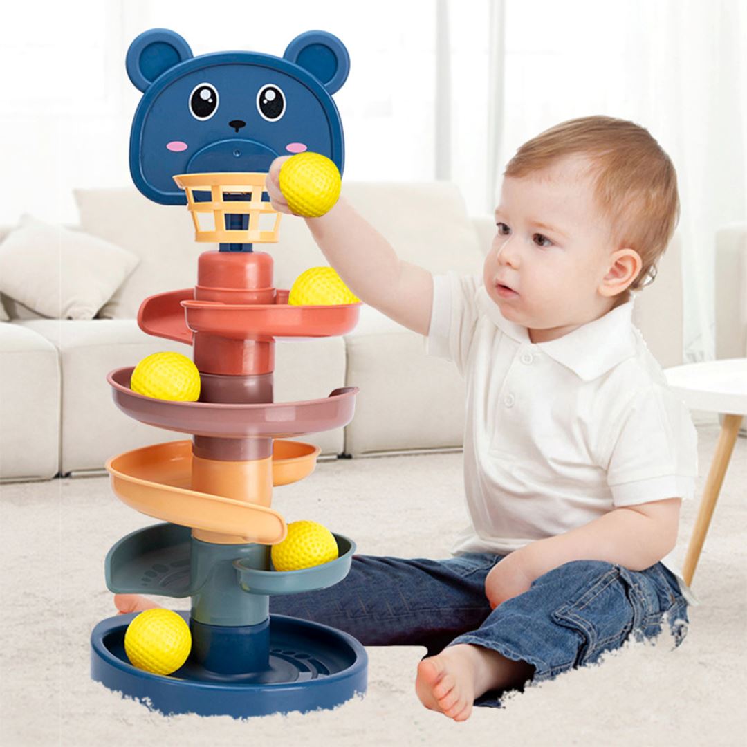 Torre de Bolinhas Giratórias Empilháveis para Bebês - Brinquedo Educativo Precoce Montessori002 Brincar Mundo Azul 