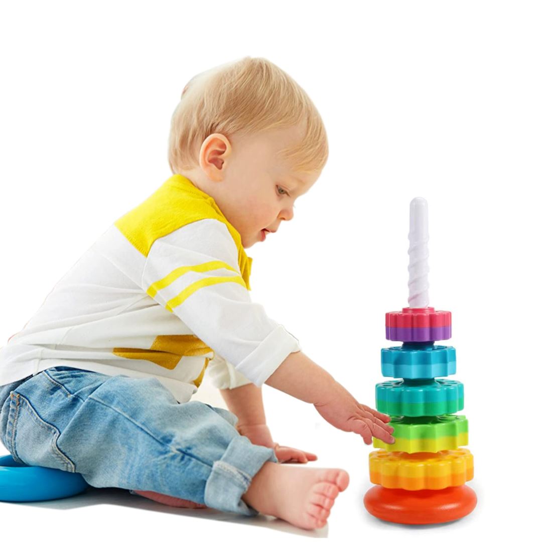 Torre de Empilhar e Girar com Cores do Arco-Íris - Brinquedo Montessori para Desenvolver Habilidades Brinquedos Sensoriais004 Brincar Mundo Azul 